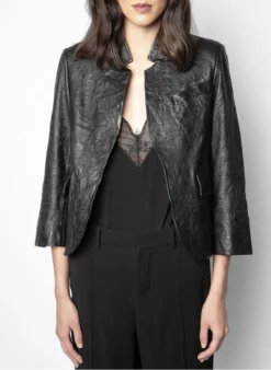 Zadig & Voltaire VERYS - Veste Col Montant En Cuir Froissé | Zwart -Kleding Winkel 2704057