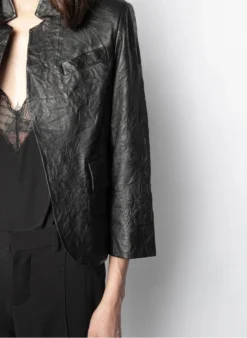 Zadig & Voltaire VERYS - Veste Col Montant En Cuir Froissé | Zwart -Kleding Winkel 2704058