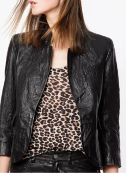 Zadig & Voltaire VERYS - Veste Col Montant En Cuir Froissé | Zwart -Kleding Winkel 2808163