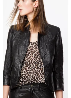 Zadig & Voltaire VERYS - Veste Col Montant En Cuir Froissé | Zwart -Kleding Winkel 2827979