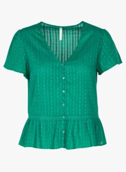 Katoenen Top Met Volant En Opengewerkt Detail | Groen -Kleding Winkel 3930061