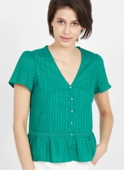 Katoenen Top Met Volant En Opengewerkt Detail | Groen