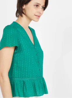Katoenen Top Met Volant En Opengewerkt Detail | Groen -Kleding Winkel 3946721
