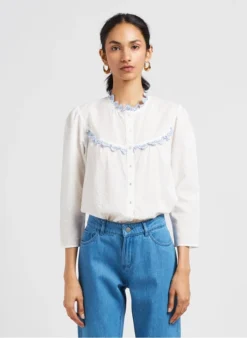 ONE STEP Katoenen Blouse Met Victoriaanse Kraag | Wit