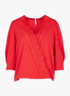 Top Met V-hals En Engels Kant | Rood -Kleding Winkel 4048219