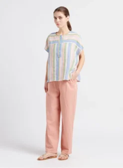 Bellerose VAHEK - Gestreepte, Linnen Top Met Ronde Hals | Blauw -Kleding Winkel 4085429