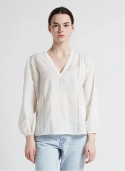 ONE STEP Katoenen Blouse Met V-hals En Geborduurde Details | Wit