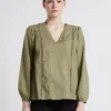 ONE STEP Katoenen Blouse Met V-hals En Geborduurde Details | Groen