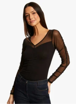 MORGAN TCAMEL - Top Met V-hals Van Plumetis | Zwart