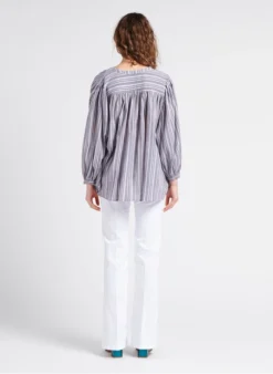 SEE U SOON Gestreepte Blouse Van Linnen En Katoen Met Glansdraad | Blauw -Kleding Winkel 4112396