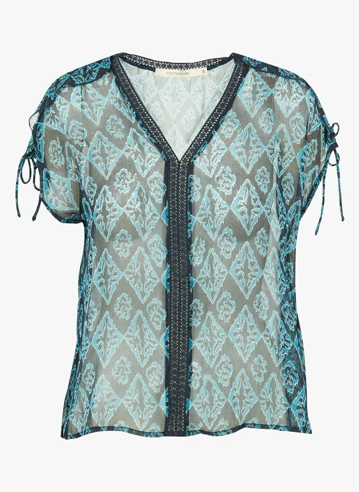 Ruimvallende Top Met V-hals En Print | Blauw 1 Ruimvallende Top Met V-hals En Print | Blauw