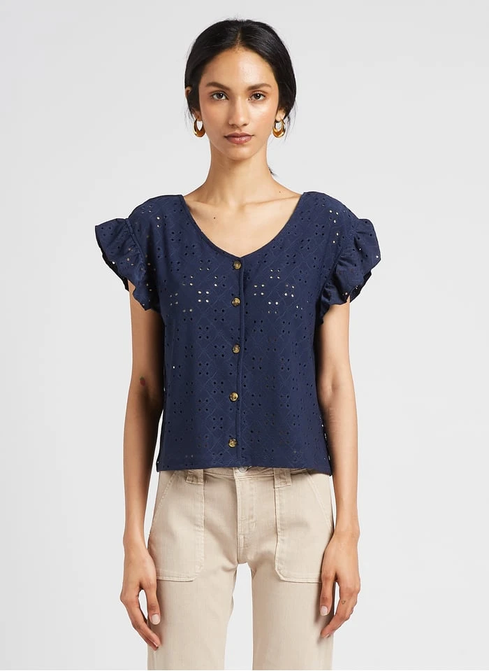 LE TEMPS DES CERISES PEDRINA - Top Met V-hals En Engels Kant | Blauw 1 LE TEMPS DES CERISES PEDRINA - Top Met V-hals En Engels Kant | Blauw