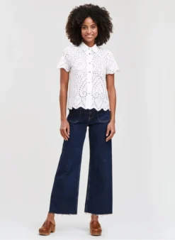 Katoenen Top Met Klassieke Kraag En Borduursel | Wit -Kleding Winkel 4126569