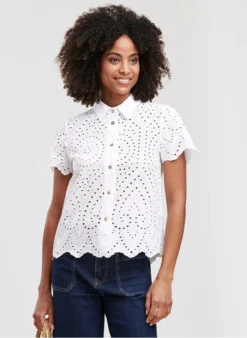 Katoenen Top Met Klassieke Kraag En Borduursel | Wit
