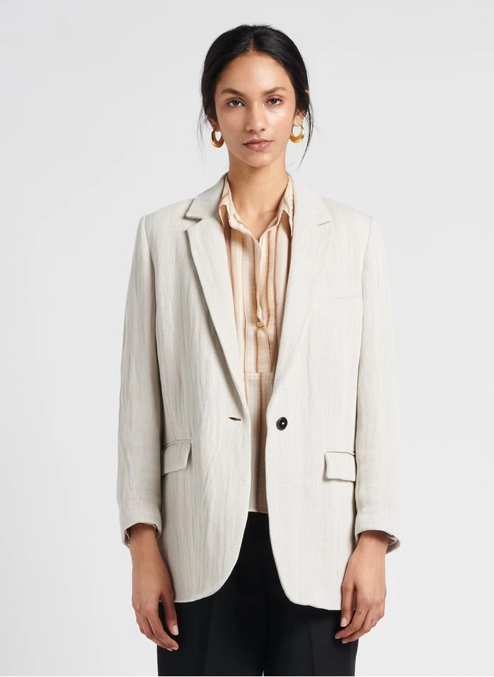 Jasje Met Reverskraag En Visgraatmotief, Linnen En Katoen | Grijs 1 Jasje Met Reverskraag En Visgraatmotief, Linnen En Katoen | Grijs