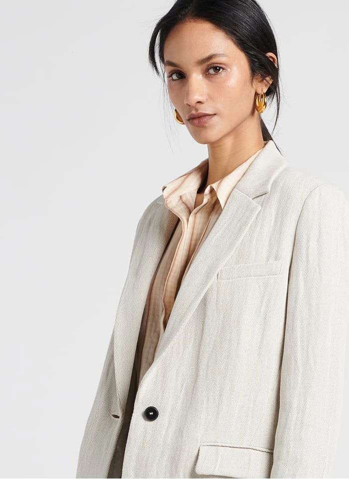 Jasje Met Reverskraag En Visgraatmotief, Linnen En Katoen | Grijs 4 Jasje Met Reverskraag En Visgraatmotief, Linnen En Katoen | Grijs - Afbeelding 4