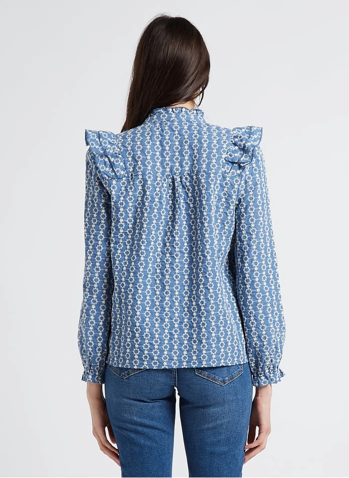 CASSANDRA - Top Met Victoriaanse Kraag En Bloemmotief | Blauw 2 CASSANDRA - Top Met Victoriaanse Kraag En Bloemmotief | Blauw - Afbeelding 2