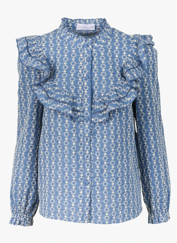 CASSANDRA - Top Met Victoriaanse Kraag En Bloemmotief | Blauw 3 CASSANDRA - Top Met Victoriaanse Kraag En Bloemmotief | Blauw - Afbeelding 3