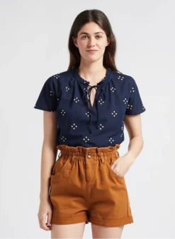 Vila MARIE - Top Met Lange Mouw, Tuniekhals En Stippenmotief Katoenblend | Blauw