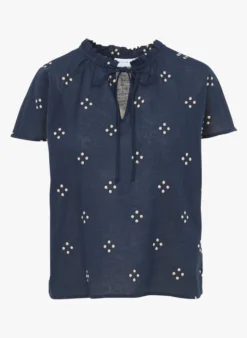 Vila MARIE - Top Met Lange Mouw, Tuniekhals En Stippenmotief Katoenblend | Blauw -Kleding Winkel 4190089