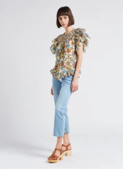 BELLE - Katoenen Top Met Ronde Hals En Bloemenprint | Groen -Kleding Winkel 4217613