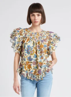 BELLE - Katoenen Top Met Ronde Hals En Bloemenprint | Groen -Kleding Winkel 4217616